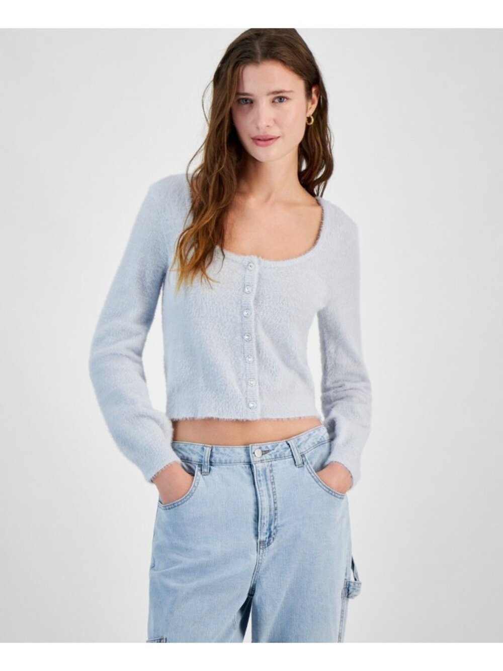 Planet Heart Womens Fuzzy Eyelash Cardigan Sweater Blue Opal Size L NWT